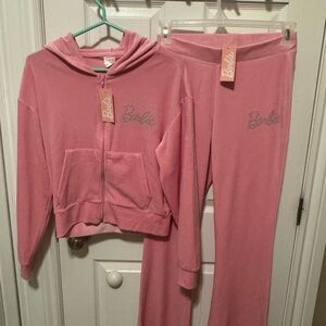 Barbie Pink Velour Tracksuit Set Rhinestone Logo Hoodie + Pants NEW WITH TAG